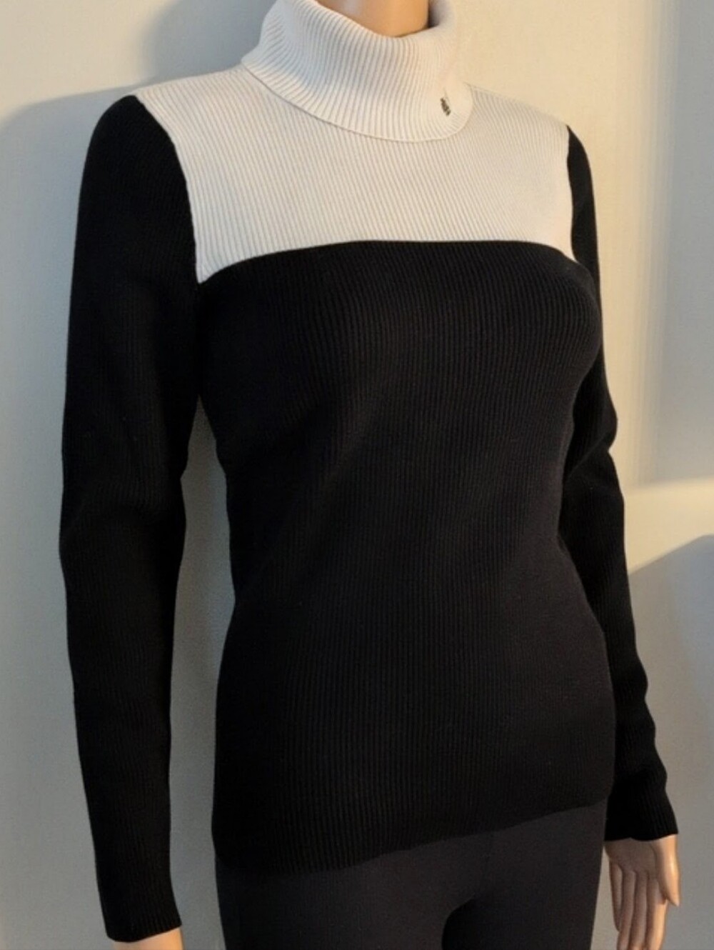 Lauren Ralph Lauren Black Ivory Colorblock Ribbed Turtleneck Sweater Large - Picture 3 of 14